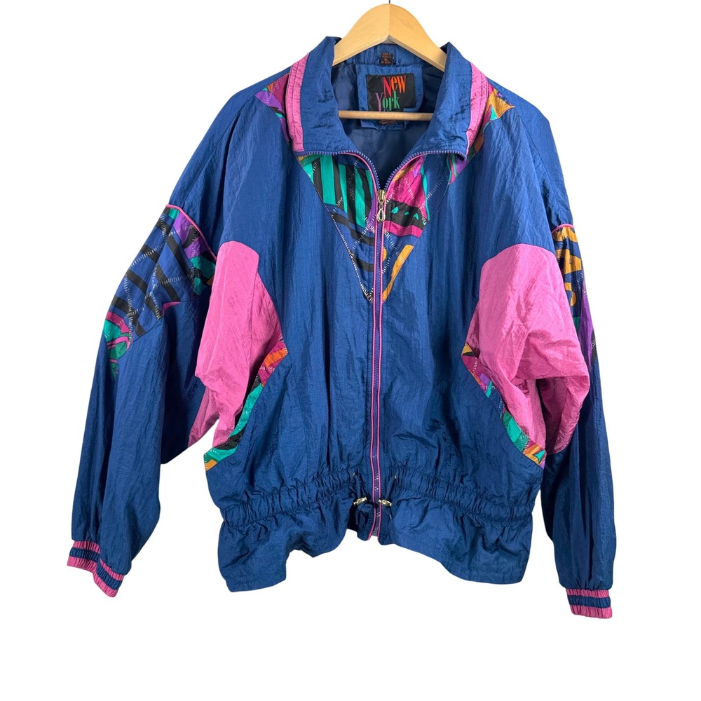 VTG New York Classics Windbreaker‎ jacket sz XL Colorblock 80s dopamine grunge